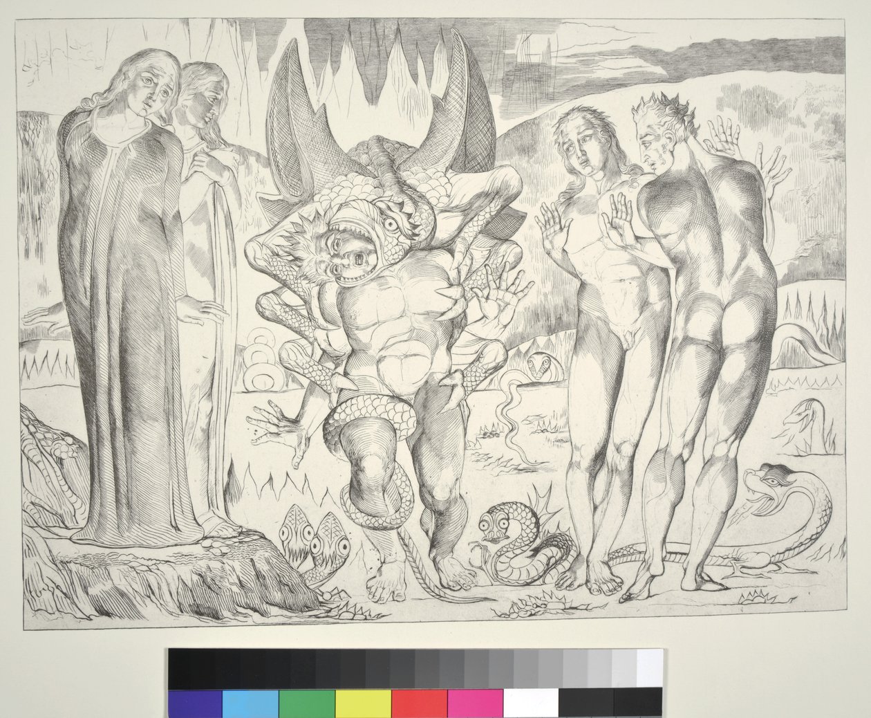 A tolvajok köre: Agnolo Brunelleschit egy hatlábú kígyó megtámadta, Inferno, XXV. ének, illusztráció Dante Alighieri „Isteni színjátékához”, 1838 alkotó: William Blake