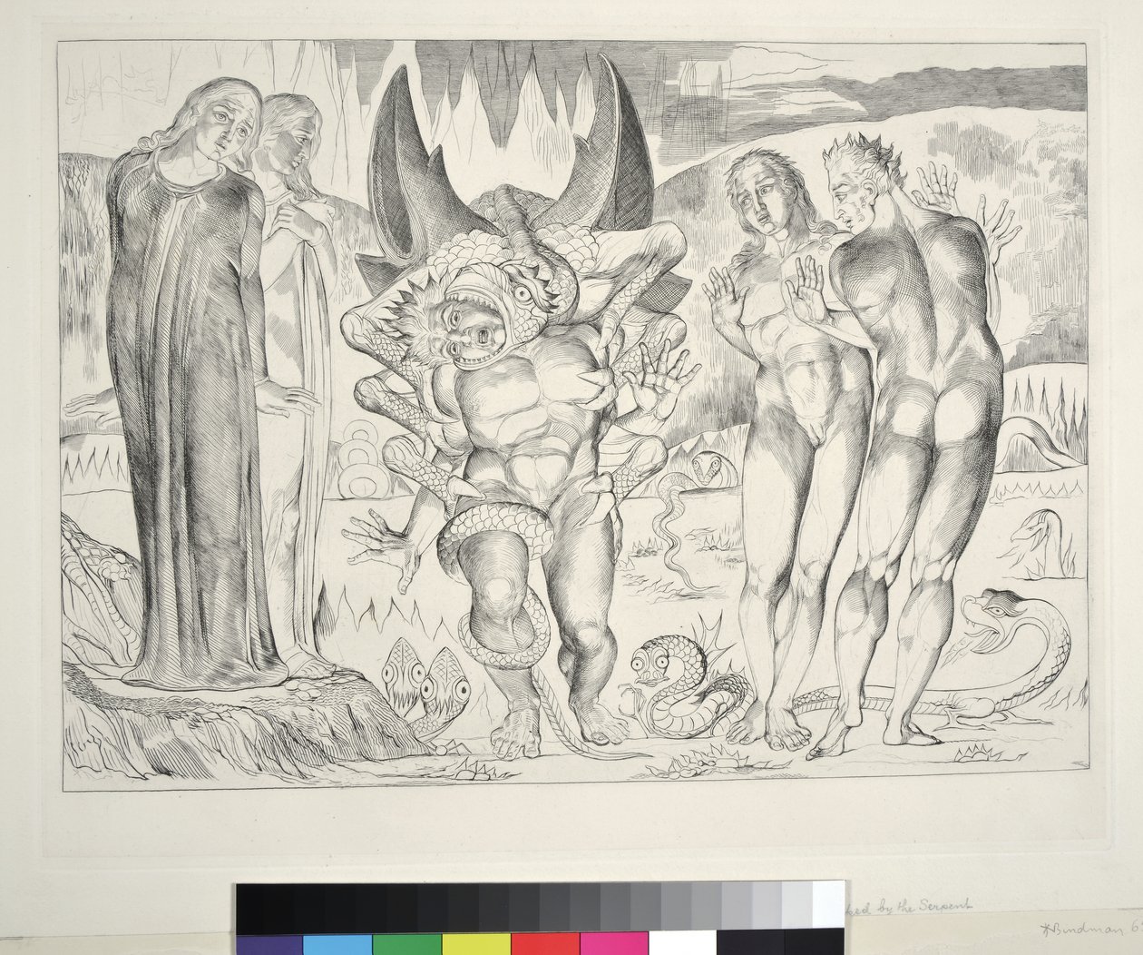 A tolvajok köre: Agnolo Brunelleschit egy hatlábú kígyó megtámadta, Inferno, XXV. ének, illusztráció Dante Alighieri „Isteni színjátékához”, 1827 alkotó: William Blake