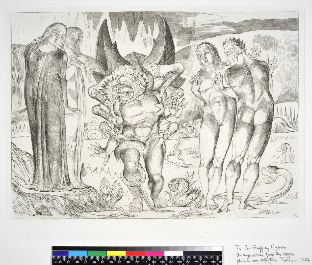 A tolvajok köre: Agnolo Brunelleschit megtámadta egy hatlábú kígyó Inferno, XXV. ének, illusztráció Dante Alighieri "Isteni komédiájához", 1954. alkotó: William Blake