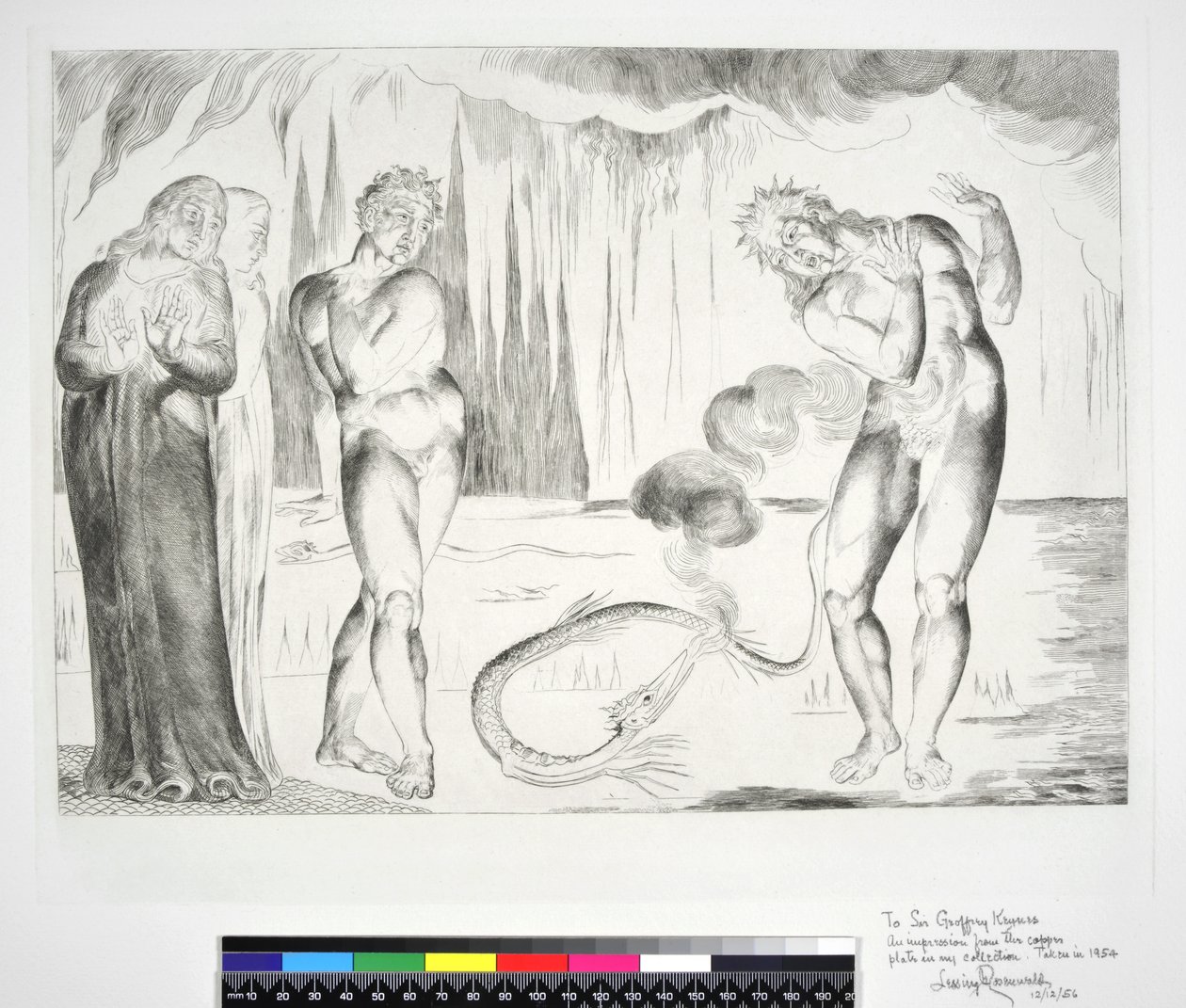 A tolvajok köre: Buoso Donati megtámadta a kígyó, Inferno, XXV. ének, illusztráció Dante Alighieri „Isteni színjátékához”, 1954 alkotó: William Blake