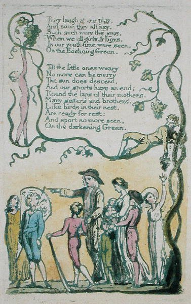 A visszhangzó zöld, és nevetnek a színdarabunkon..., 8. lemez a Songs of Inocence, 1789-ből (kézzel színezett domborműves akvarellel) alkotó: William Blake