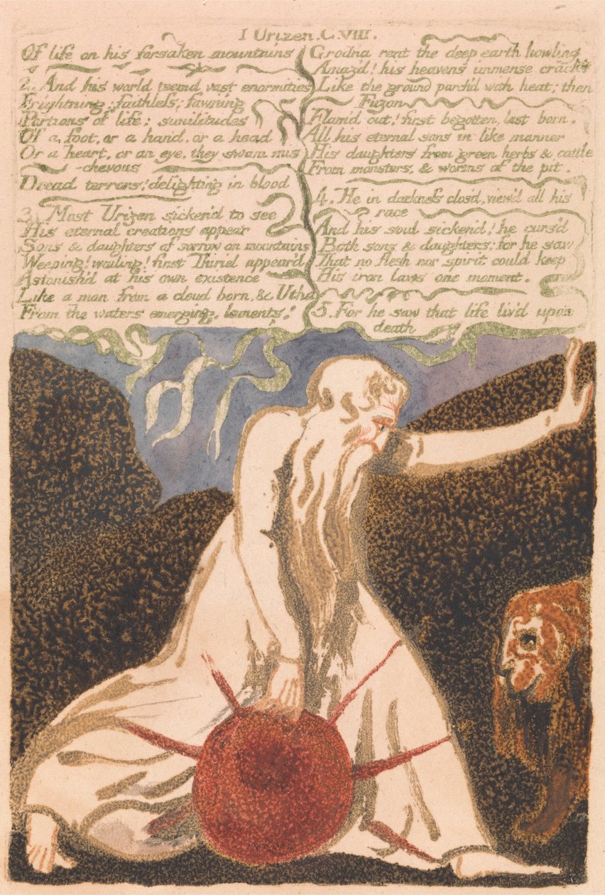 Urizen első könyve, 20. lemez, Az élet elhagyott hegyekről. . . . (Bentley 23) alkotó: William Blake