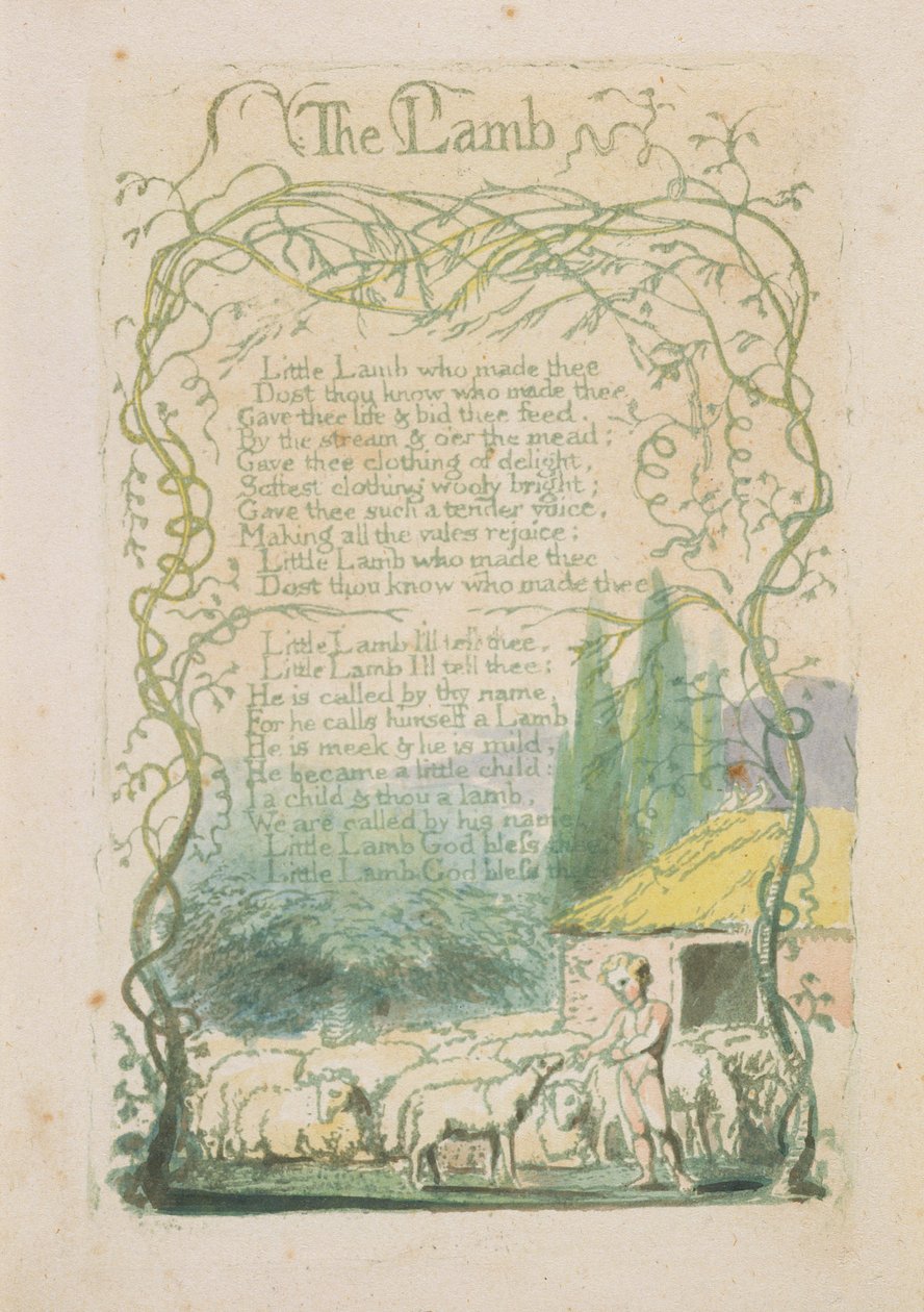 „A bárány”, „Songs of Inocence” 17. lemeze, 1789 (kézzel festett domborműves akvarellel) alkotó: William Blake