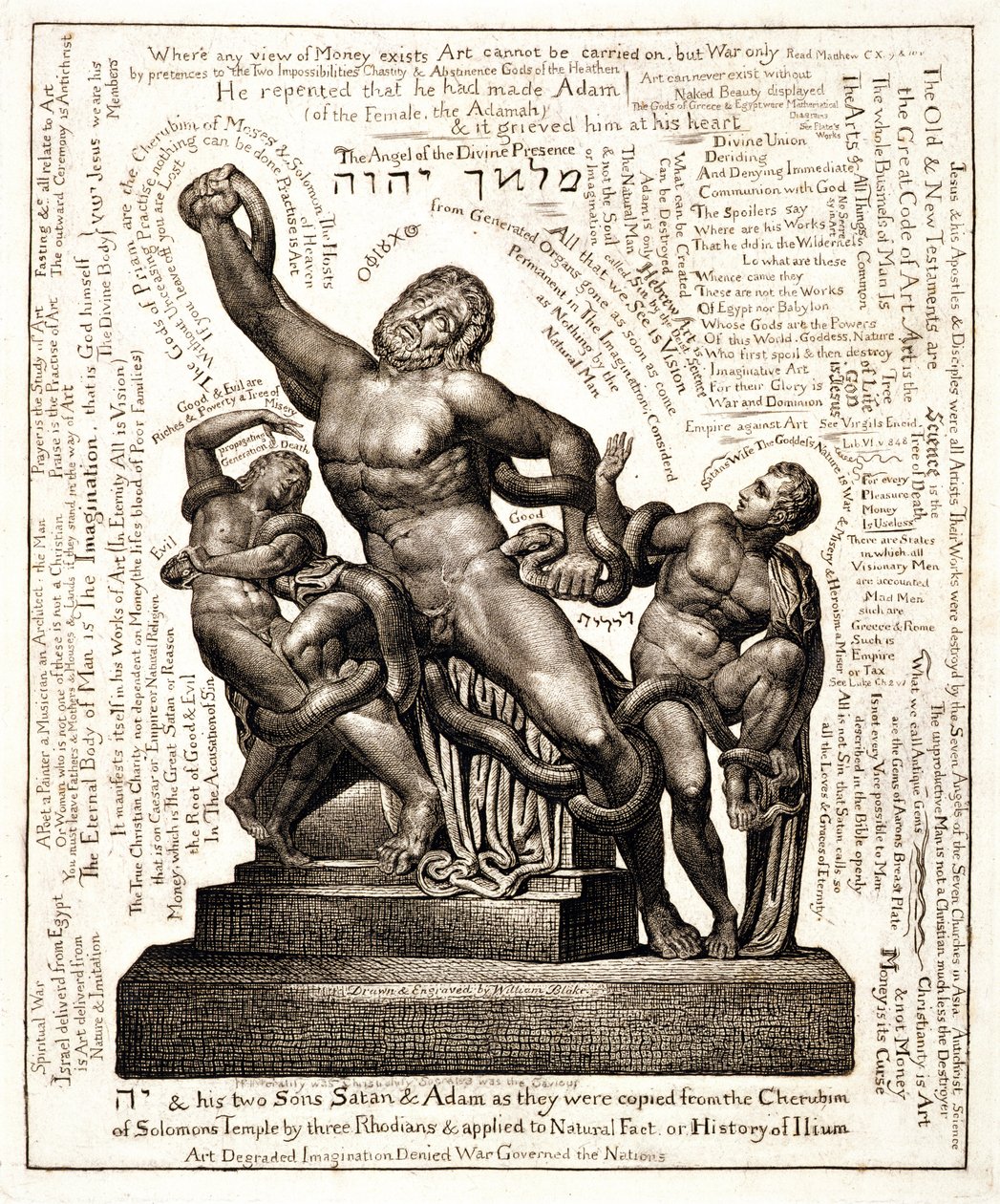 A Laocoon mint Jehova Sátánnal és Ádámmal, 1820 körül (vonalmetszet) alkotó: William Blake