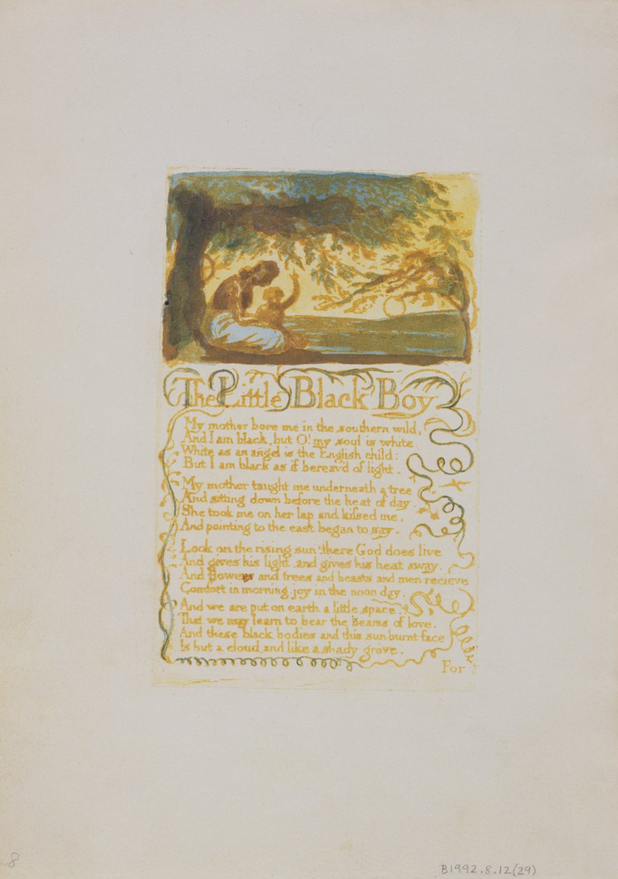The Little Black Boy, 29. lemez az ártatlanság dalaiból, 1789 (domborműves rézkarc wc-vel) alkotó: William Blake