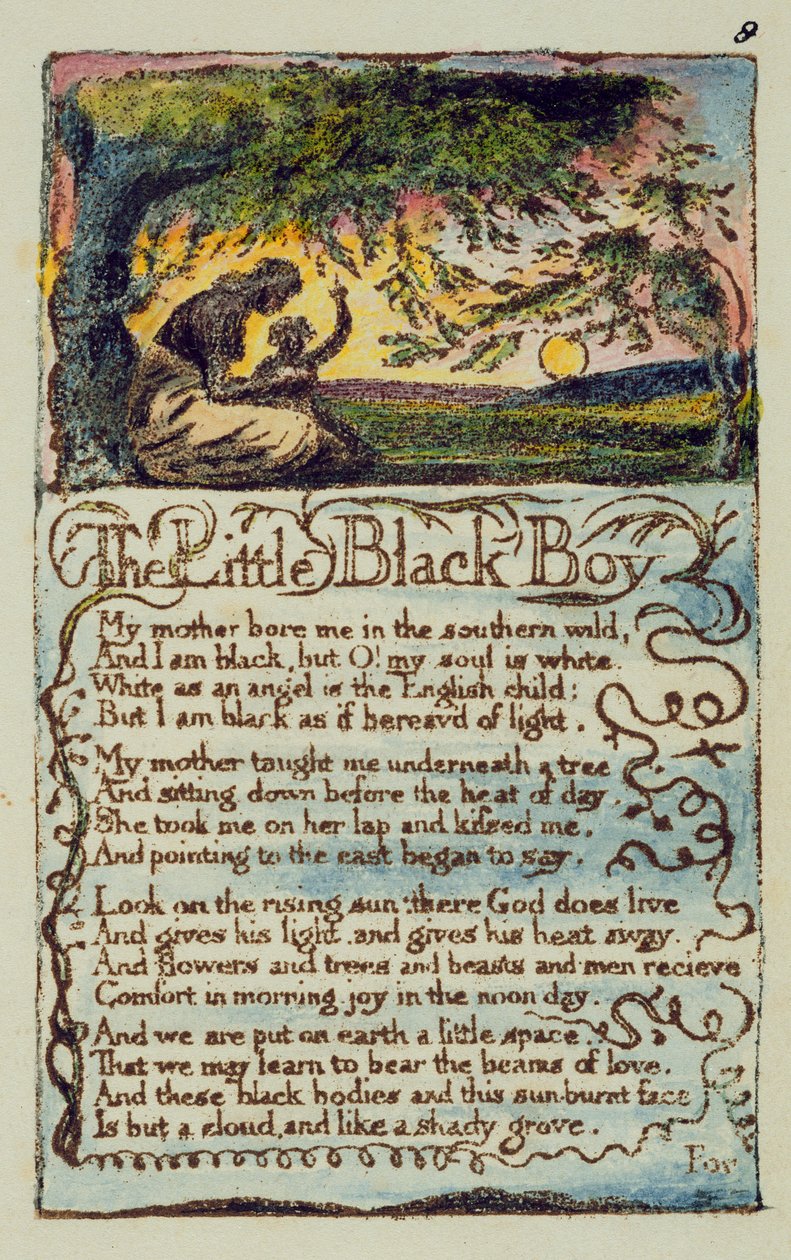 „The Little Black Boy”, 8. lemez (Bentley 9) a „Songs of Innocence and of Experience”-ből (Bentley Copy L) 1789-94 (domborműves rézkarc tollal és WC-vel) alkotó: William Blake