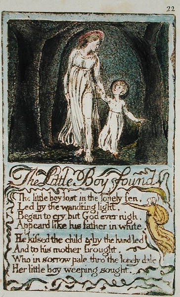 A megtalált kisfiú, illusztráció az ártatlanság és élmény dalaiból (Bentley Copy L) pl.22 (Bentley 14) 1789-94 (domborműves metszet tollal és WC-vel papíron) alkotó: William Blake