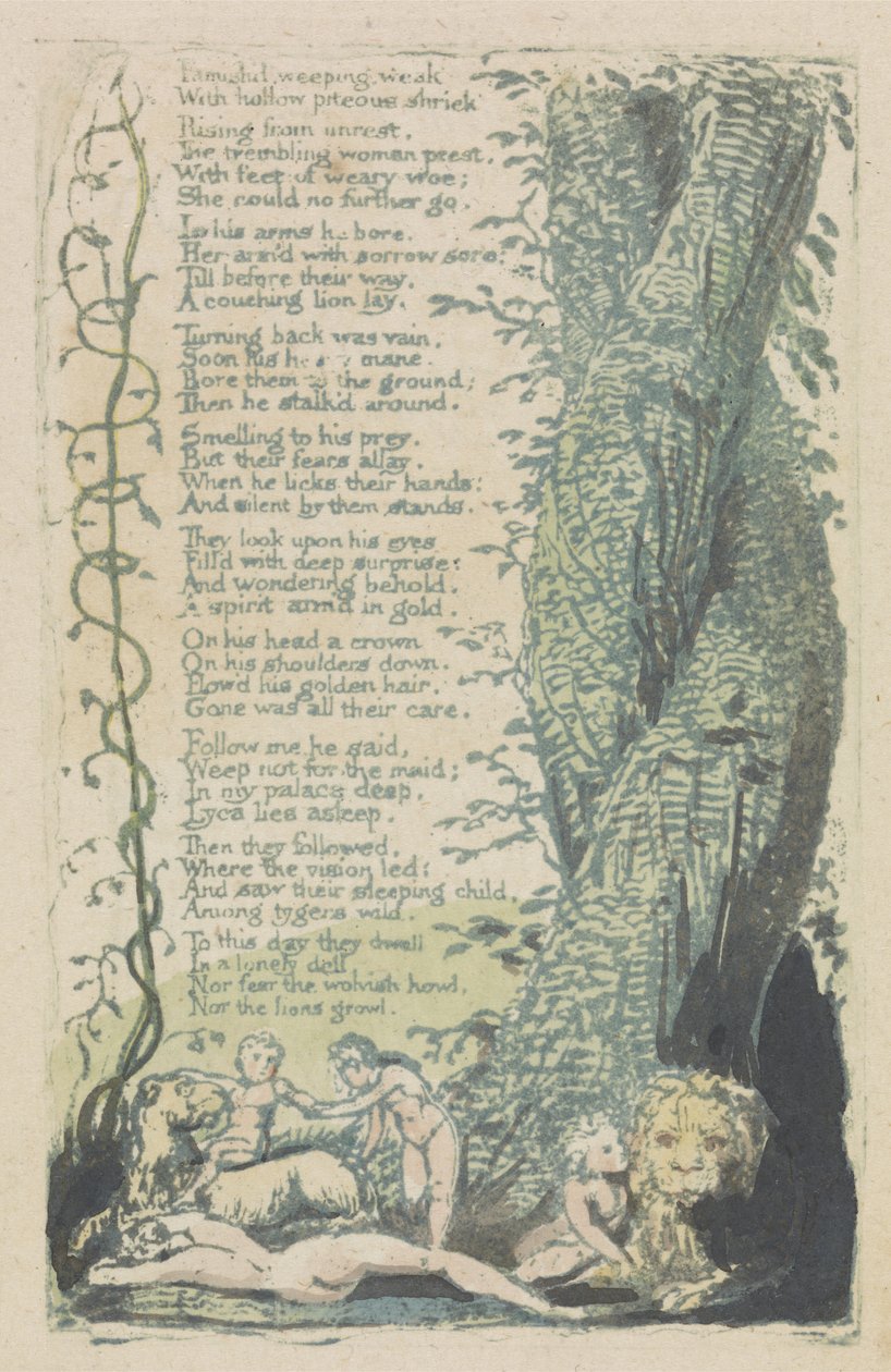 A megtalált kislány és sírva famishd..., 2. lemez az Ártatlanság énekeiből, 1789 (kézzel festett dombormű akvarellel) alkotó: William Blake