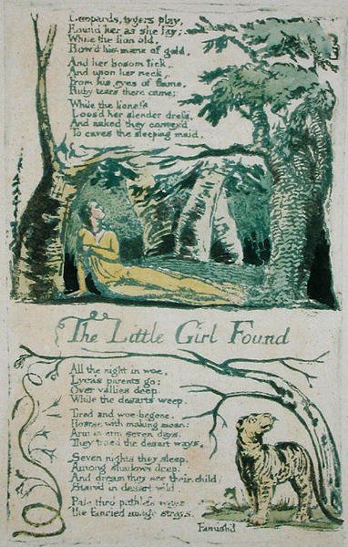 Az elveszett kislány és a Leopárdok, a tigrisek játszanak..., és a The Little Girl Found 20. lemez az ártatlanság dalaiból, 1789 (kézzel festett domborműves akvarellel) alkotó: William Blake