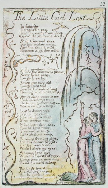 Az elveszett kislány, 33. tábla (Bentley 34) az Ártatlanság és tapasztalat dalaiból (Bentley Copy L) 1789-94 (dombormetszet tollal és wc-vel) alkotó: William Blake