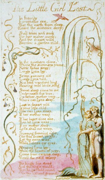 Az elveszett kislány, 5. tábla az Ártatlanság dalaiból, 1789 (dombormetszet wc-vel, papírra) alkotó: William Blake