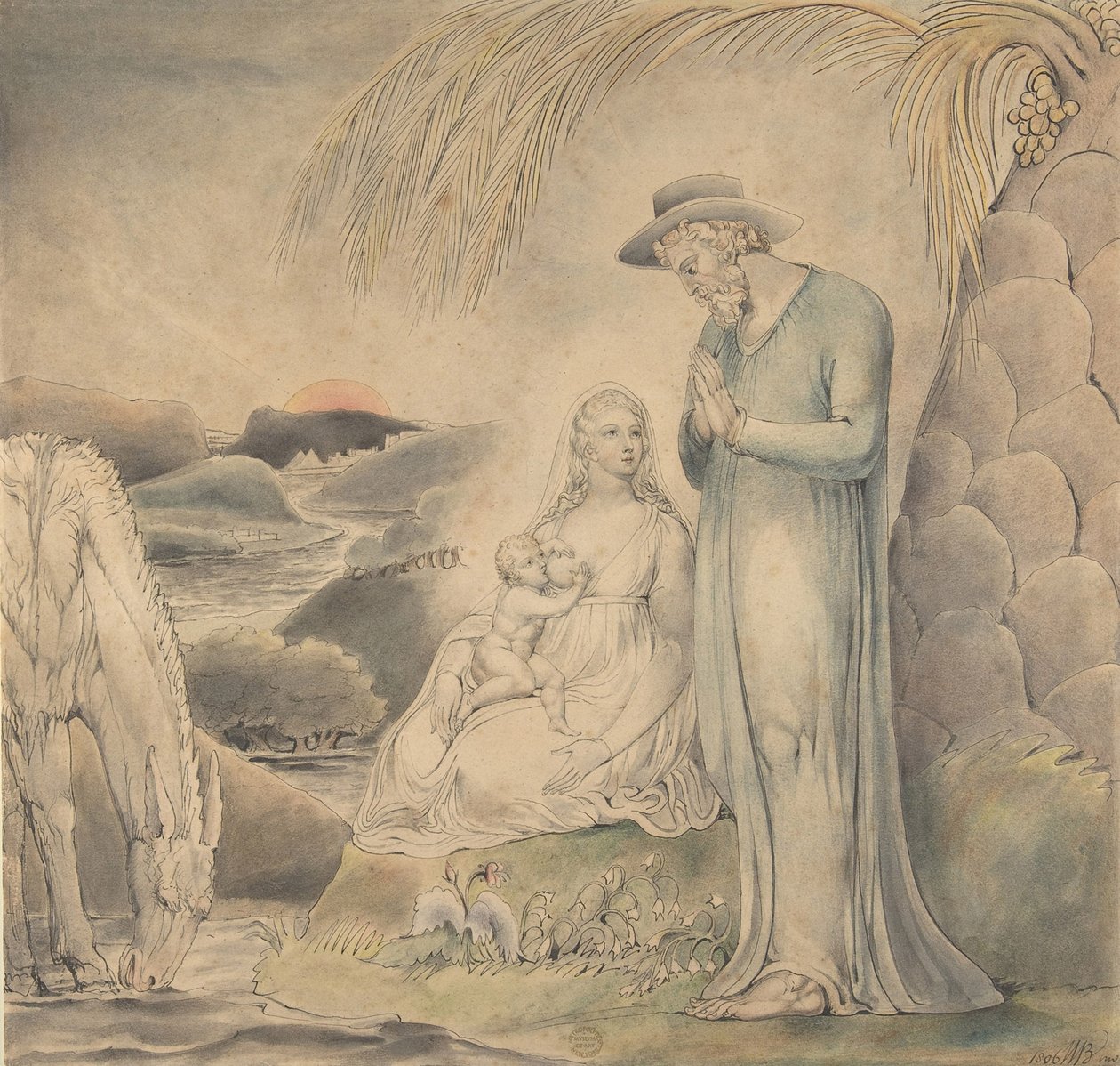 The Rest on the Flight to Egypt, 1806 (Wc, toll és fekete tinta grafit felett) alkotó: William Blake