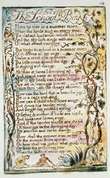 The School Boy, 54. lemez (Bentley 53) a Songs of Innocence and of Experience-ből (Bentley Copy L) 1789-94 körül (domborműves rézkarc tollal és WC-vel) alkotó: William Blake