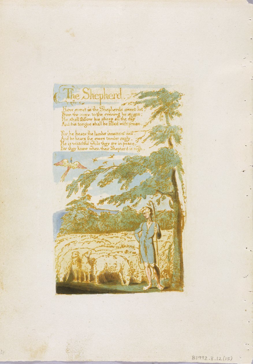 „The Shepherd”, „Songs of Inocence” 15. lemeze, 1789 (domborműves metszet wc-vel papíron) alkotó: William Blake