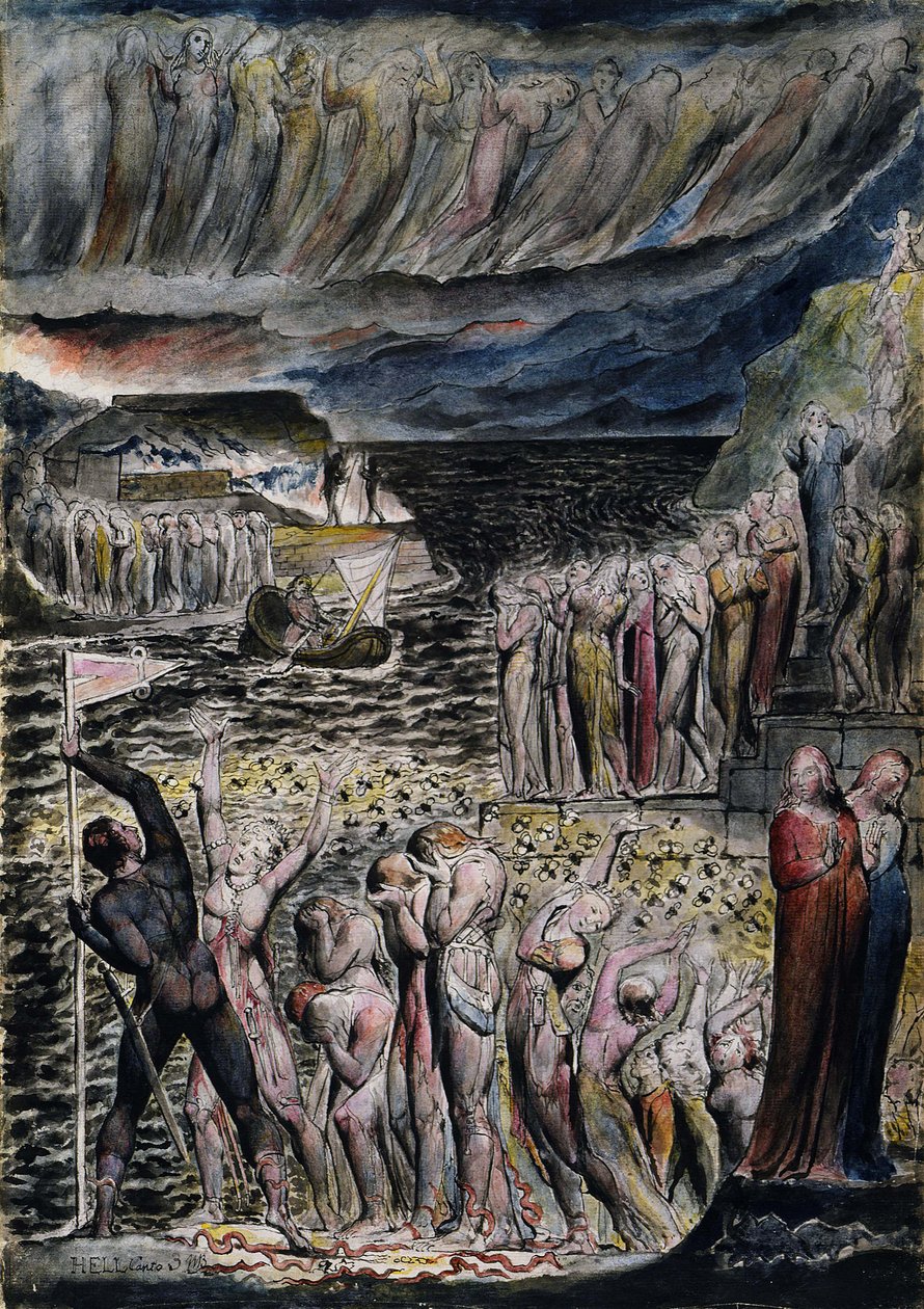 A pokol előcsarnoka és az Acheronon átkelő lelkek alkotó: William Blake