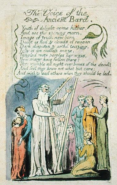 Az ókori bárd hangja, az ártatlanság dalaiból, 1789 (kézzel színezett domborművésés wc-vel papíron) alkotó: William Blake