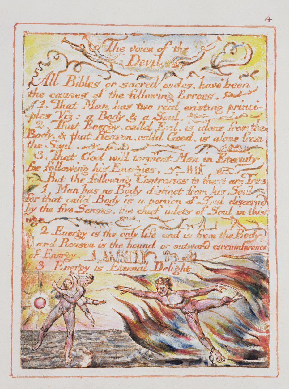 Az ördög hangja, illusztráció és szöveg a Menny és pokol házasságából, 1790-3 körül (dombormetszet, tollal és wc-vel készült). alkotó: William Blake