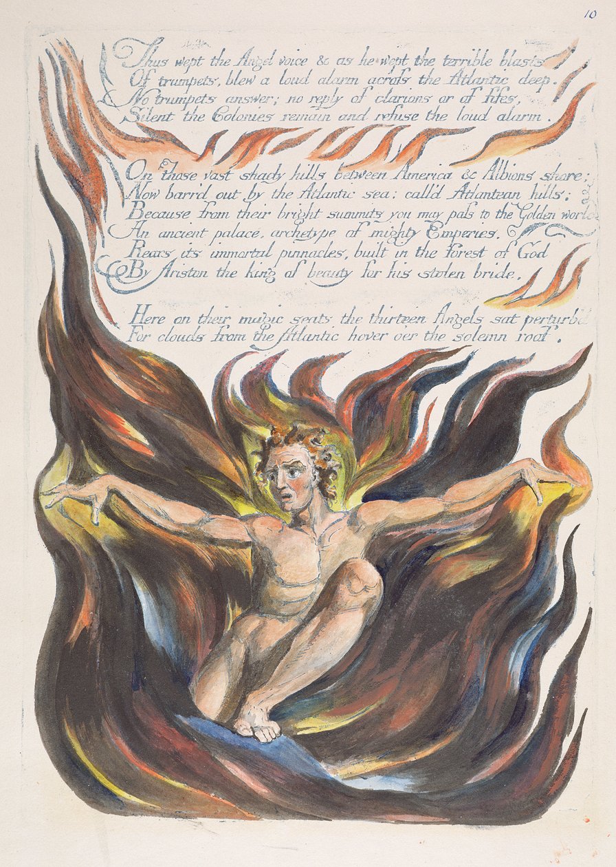 "Így sírt az angyal hangja...", 12. tábla az "Amerika: Próféta" című filmből, 1793 (domborműves metszet kék színnel, tollal, tintával és WC-vel) alkotó: William Blake