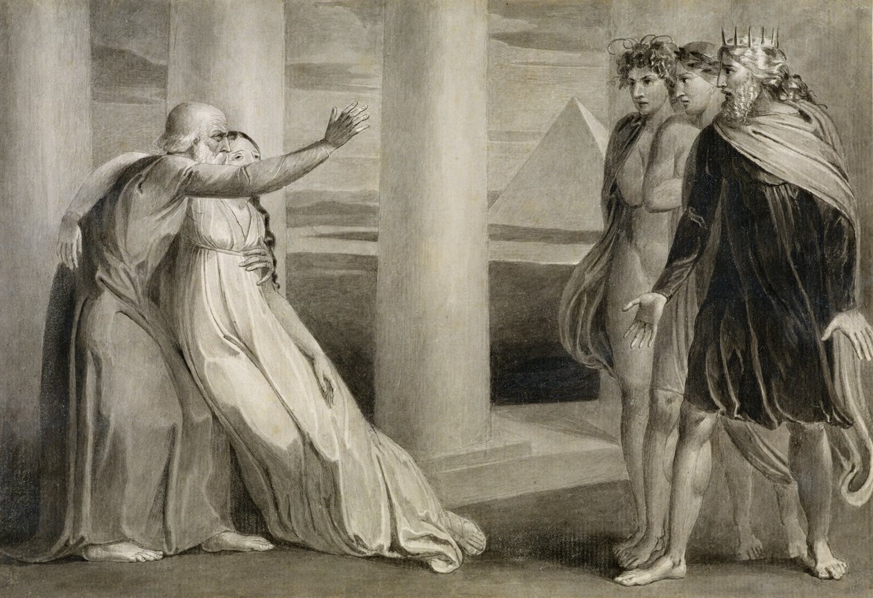 Tiriel a haldokló Myratanát támogatja és fiait átkozva, 1786-89 (toll, tinta és ecset papíron) alkotó: William Blake