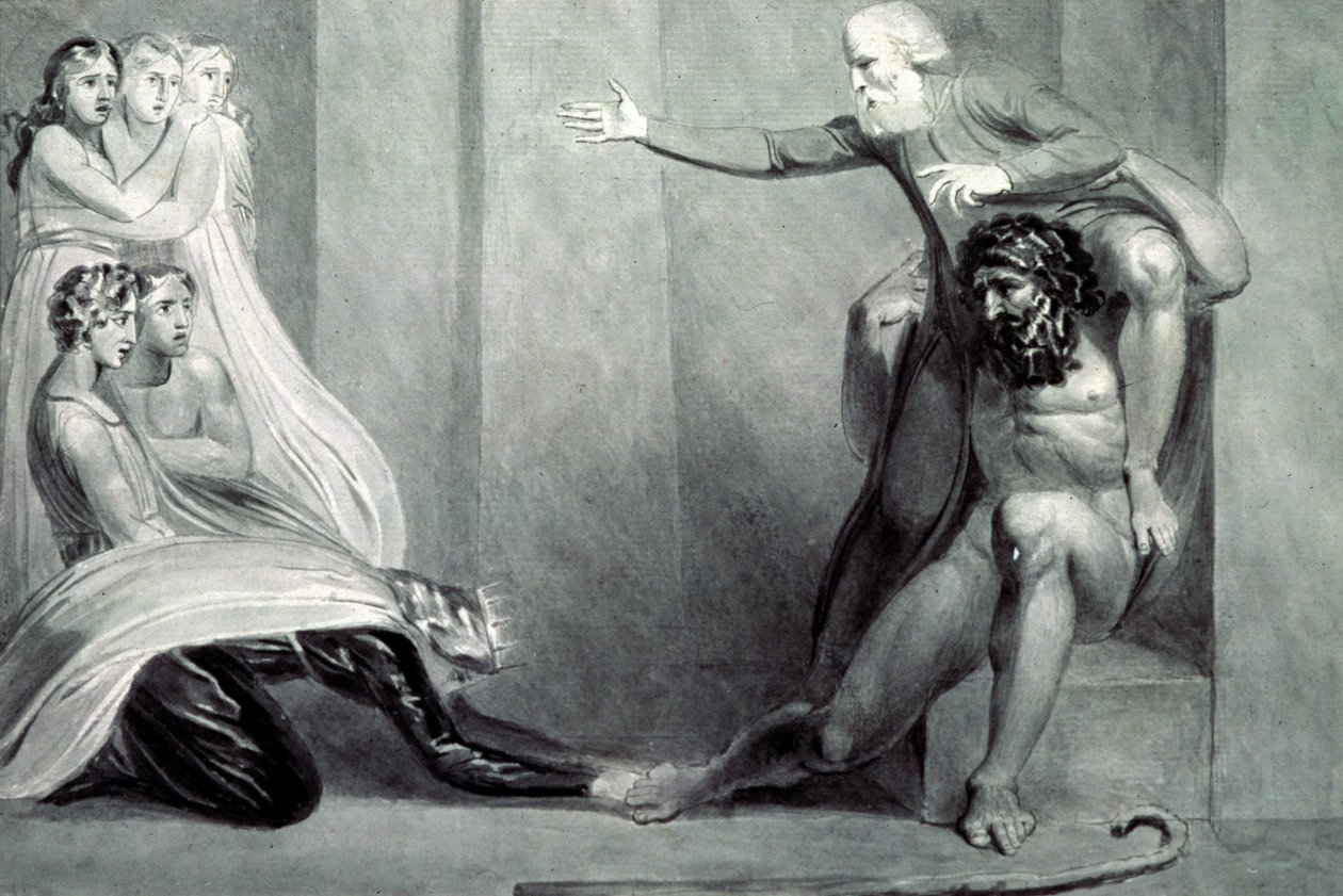 Tiriel, akit fivére, Ijim vállán vittek vissza a palotába, öt lányához szól alkotó: William Blake
