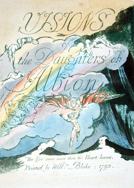 Címlap, recto, 2. tábla Albion lányai látomásából, 1793 (domborműves rézkarc zöld színnel nyomtatva wc-vel a papíron) alkotó: William Blake