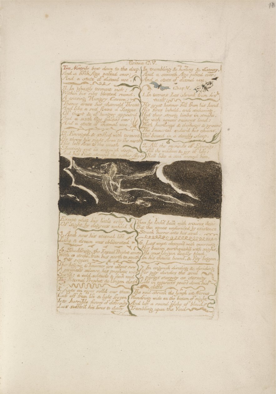 Két orrlyuk lehajolt a mélyre..., 16. tábla az Urizen első könyvéből, 1794 (színnyomott domborműves tintával és wc-vel papíron) alkotó: William Blake