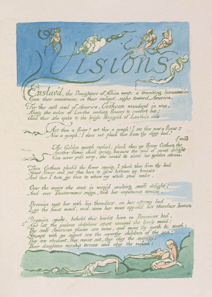 „Visions”, 4. tábla a „Visions of the Daughters of Albion”-ból, 1793 (domborműves rézkarc zöld színnel, wc-vel) alkotó: William Blake