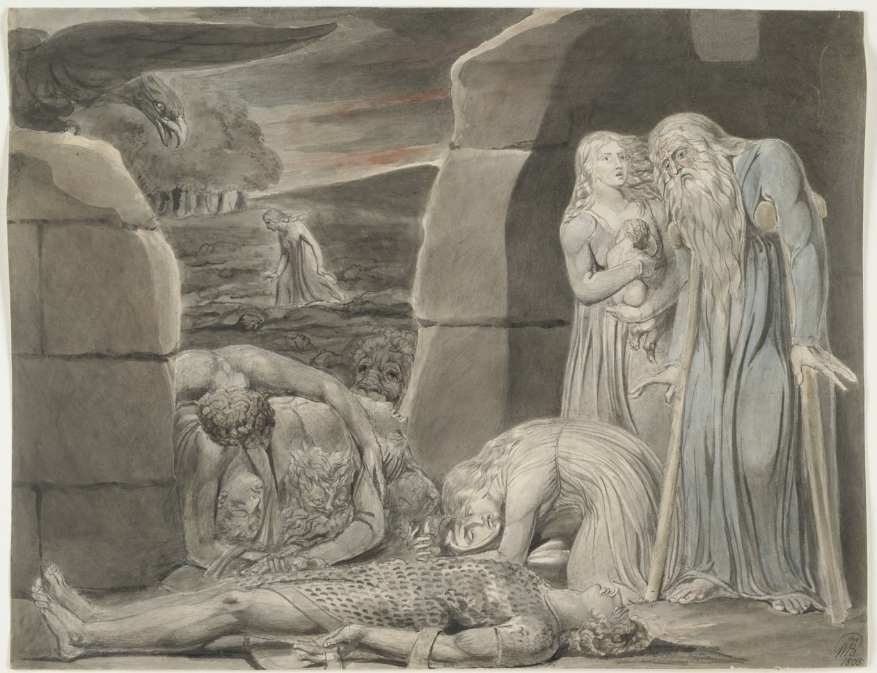 War, 1805 (wc, fekete-szürke tinta és grafit törtfehér szőtt papíron) alkotó: William Blake