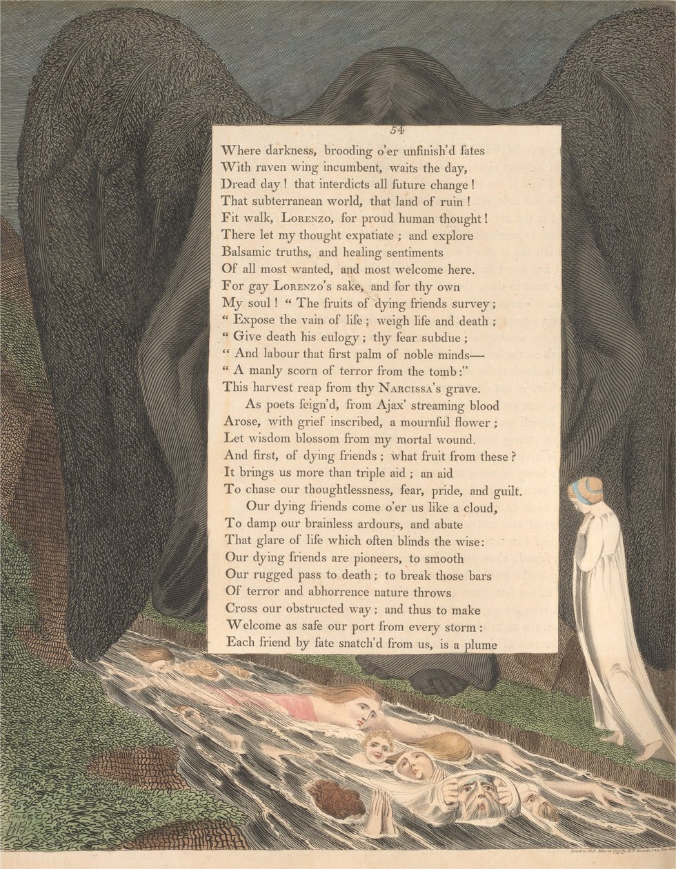 Fiatalok éjszakai gondolatai, 54. oldal, A Halál árnyéka! Az a Hushd Cimmerian Vale alkotó: William Blake