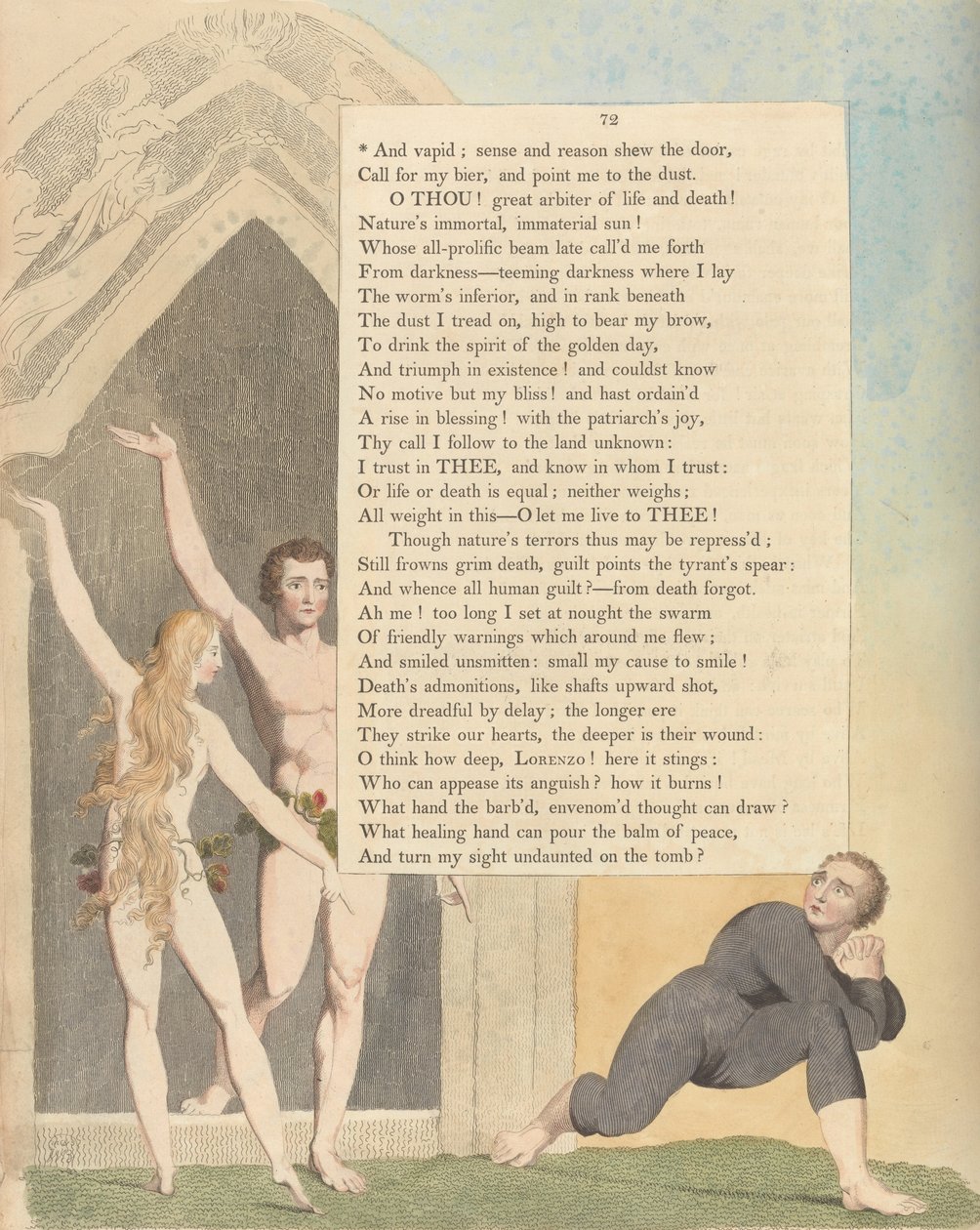 Youngs Éjszakai gondolatok, 72. oldal, És puszta; az értelem és a józan ész megmutatja az ajtót. alkotó: William Blake