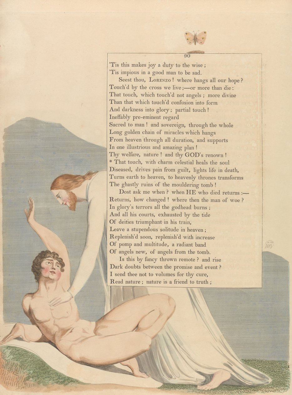 Fiatalok Éjszakai gondolatai, 90. oldal, Ez az érintés, bájjal égi gyógyítja a lelket alkotó: William Blake