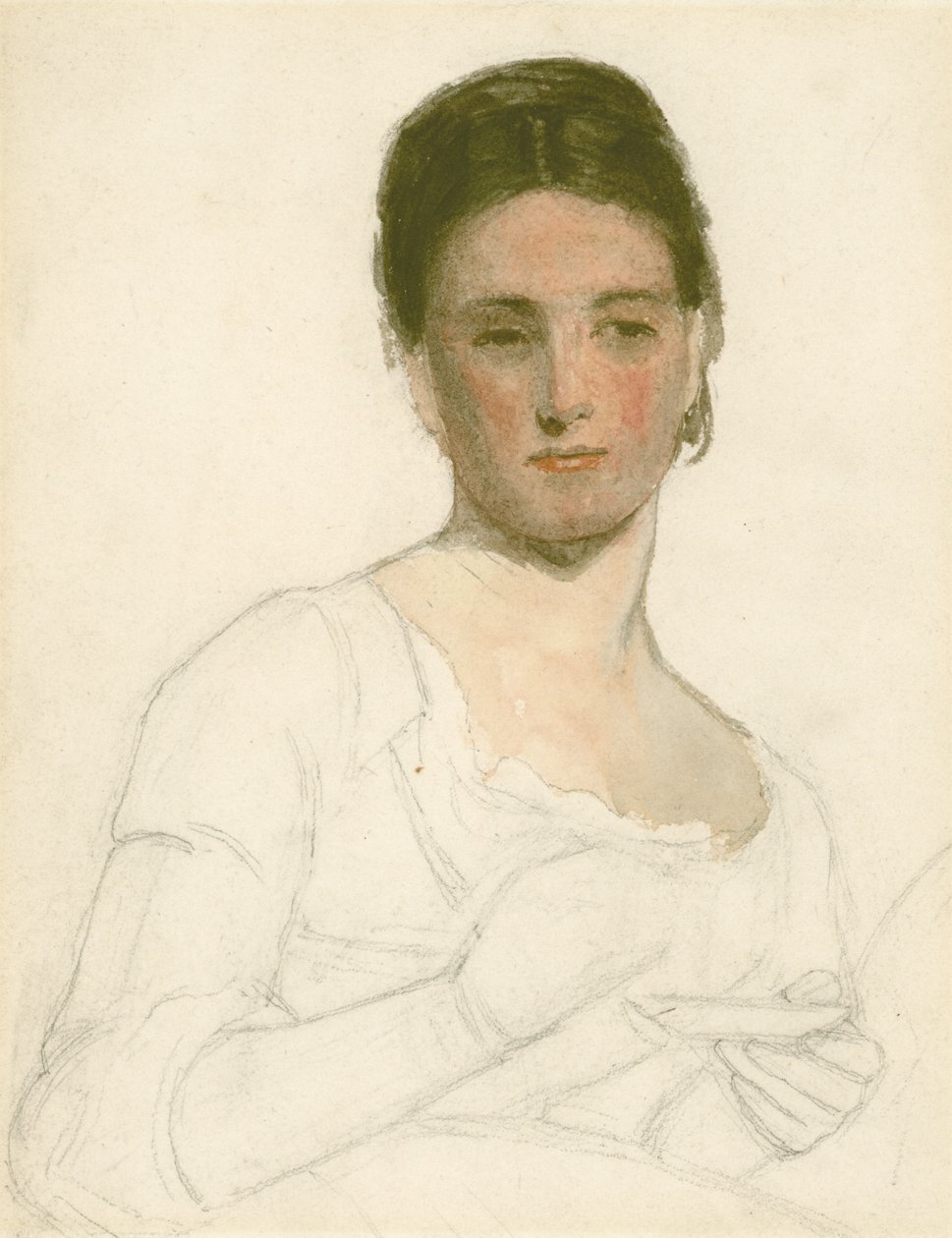Vázlat egy fiatal nőről, aki csészét és csészealjat tart, 1875 körül (ceruza és WC papíron) alkotó: William Morris