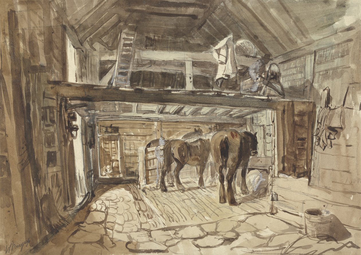 Istálló belseje, két ló etetésével (grafit, toll és tinta mosással papírra) alkotó: Henry William Burgess