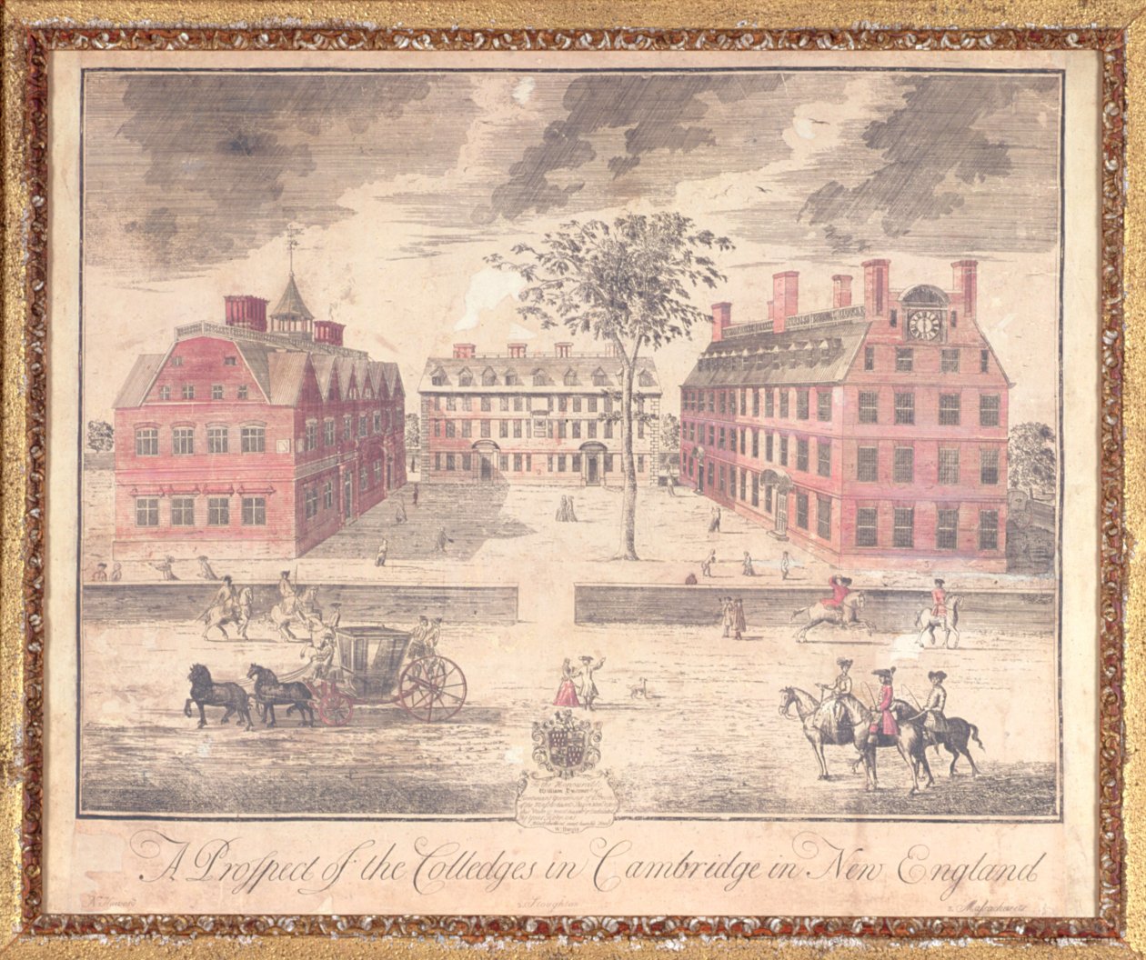 Az új-angliai Cambridge-i főiskolák kilátása, John Harrisnek (fl.1686-1740) tulajdonított metszet, 1726 (kézzel színezett metszet) alkotó: William Burgis