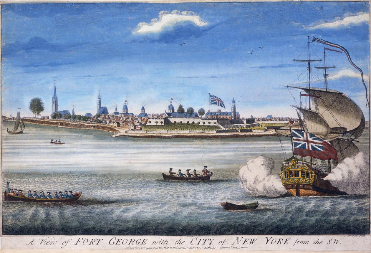 Fort George kilátása New York városával délnyugat felől, John Carwitham metszetével, kb. 1764-es, kézzel színezett metszet alkotó: William Burgis