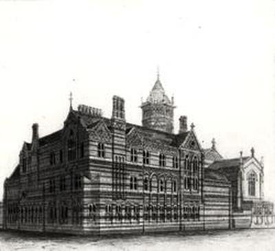 Új iskolák, rögbi – Kilátás északnyugatról, 1867-84 (akvarell és ceruza papíron) alkotó: William Butterfield