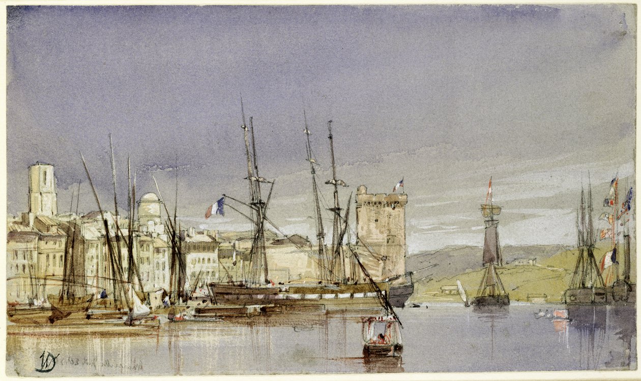 Marseille, Szállítás a horgonynál és egy kereskedelmi hajó, a Becalmed, 1836 alkotó: William Callow