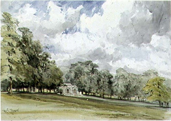 Kilátás a Kensington Gardensben a Temple Cottage-ra alkotó: William Callow