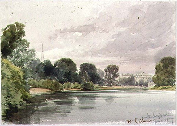 A Serpentine nyugati vége, Kensington Gardens, 1877 alkotó: William Callow