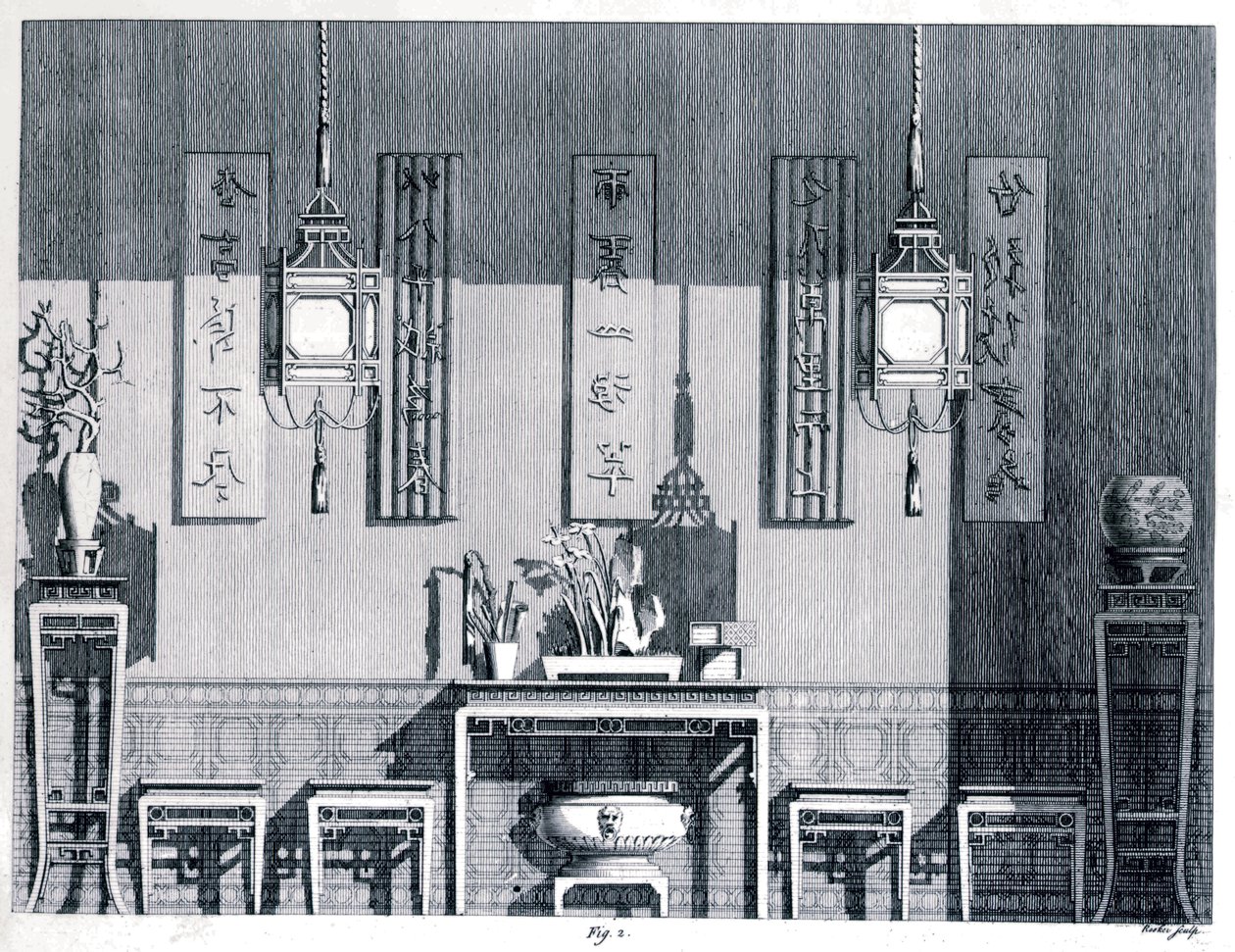 Belső tér, Chambers, Sir William (1723-96) kínai épületek tervei alapján, 1759, fekete-fehér metszet alkotó: William Chambers