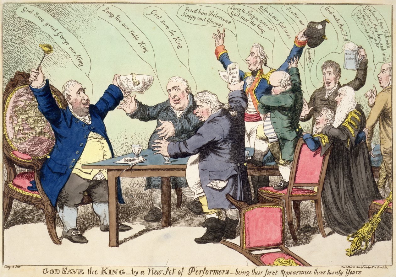 Isten óvja a királyt, új előadókkal, akik húsz év után először adják elő, 1805 márciusában jelent meg. alkotó: William Charles