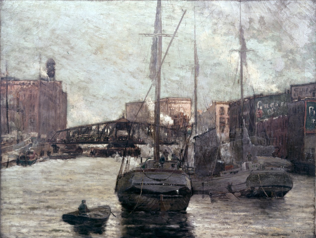 Kilátás a Chicago-folyóra, amely a Clark Street Bridge-et mutatja, 1910-12 alkotó: William Clusmann