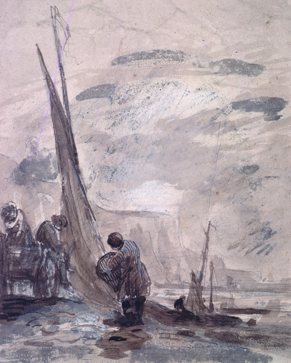 Figurák szekérrel és csónakokkal a parton, sziklák közelében, 19. század alkotó: William Collins