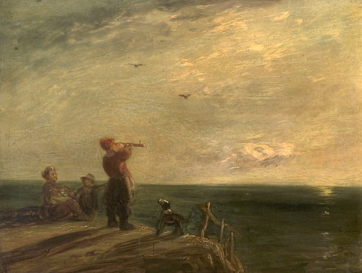 Tengeri táj alakokkal és kutyával, naplemente alkotó: William Collins