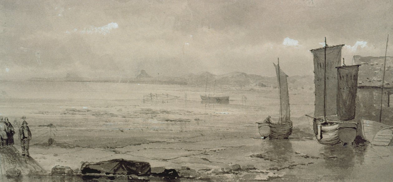 Tengerparti tanulmány: apály, halászhajókkal és halászokkal, 19. század (akvarell) alkotó: William Collins