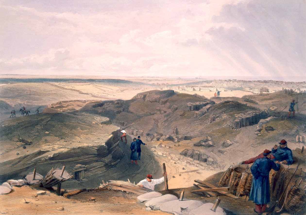 A Malakoff-árok, tábla a "The Seat of War in the East" című könyvből, Paul és Dominic Colnaghi és társai kiadása, 1856. alkotó: William Crimea Simpson