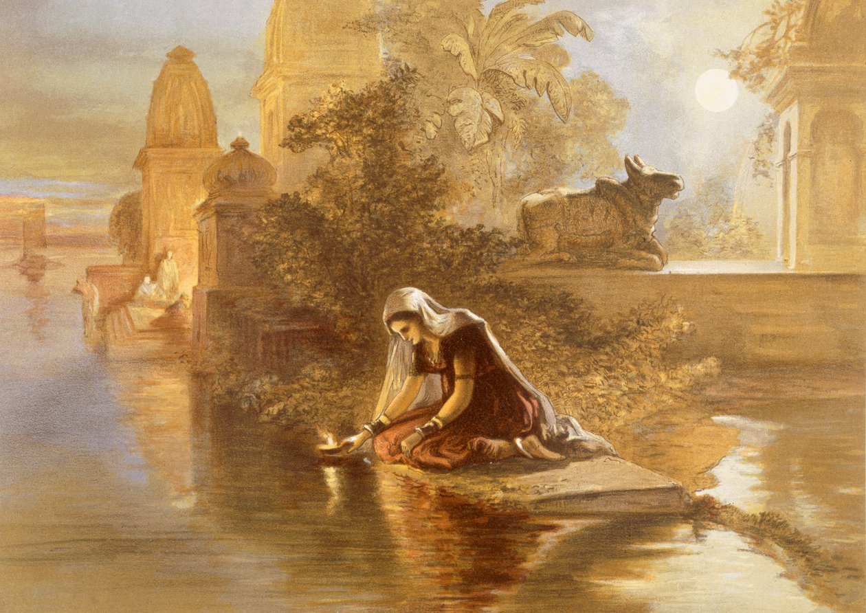 Indiai női lebegő lámpák a Gangeszben, az "India Ancient and Modern" című művéből, 1867 alkotó: William Crimea Simpson
