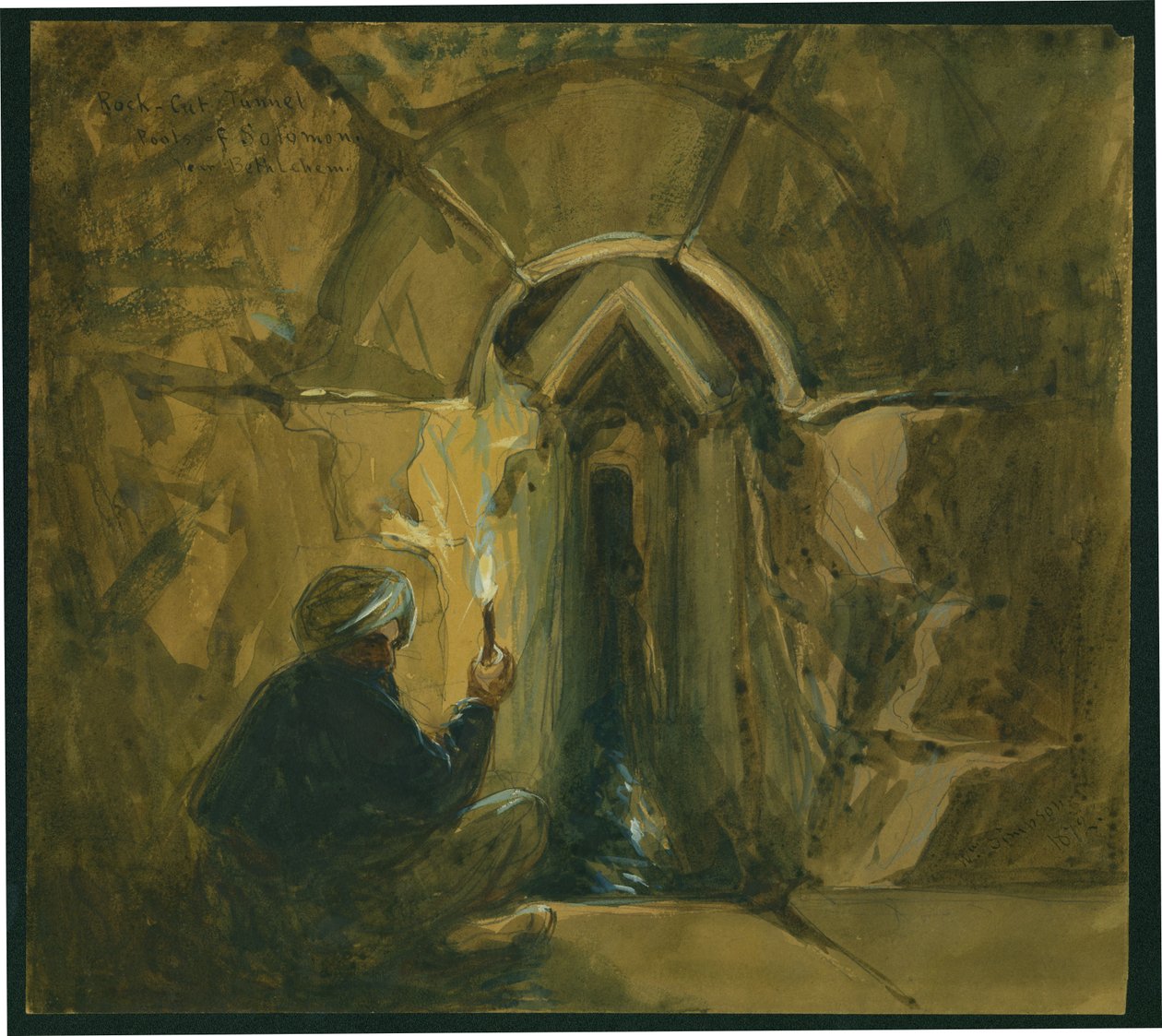 Sziklába vájt alagút, Salamon tavai, Betlehem közelében, 1872 (wc és ceruza, papír) alkotó: William Crimea Simpson