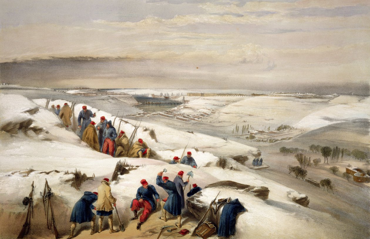 Szevasztopol a lövészárok támadásának szélső jobb oldaláról, a Colnaghi és társai által kiadott "The Seat of War in the East" című kiadványból, 1856. alkotó: William Crimea Simpson
