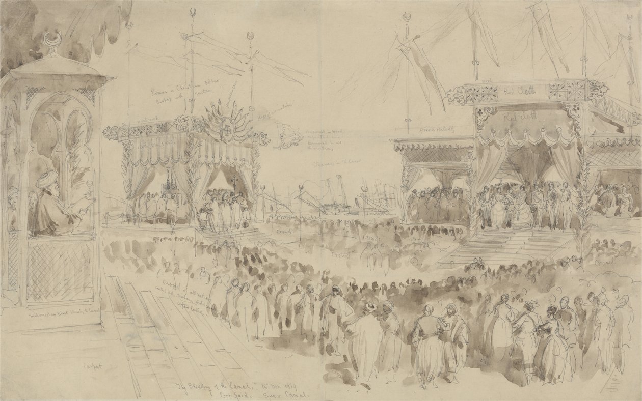 A Szuezi-csatorna áldása, 1869 (grafit és barna mosás papíron) alkotó: William Crimea Simpson